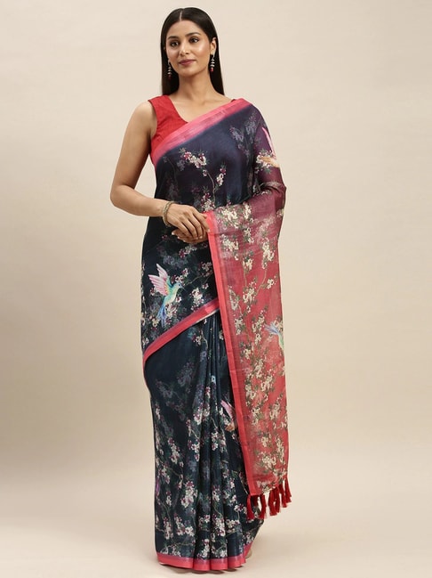 Vastranand Navy Floral Print Saree With Unstitched Blouse Price in India