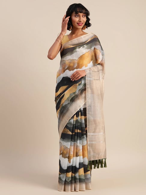 Vastranand Beige & Black Linen Printed Saree With Unstitched Blouse Price in India