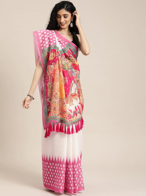 Vastranand White & Pink Printed Saree With Unstitched Blouse Price in India