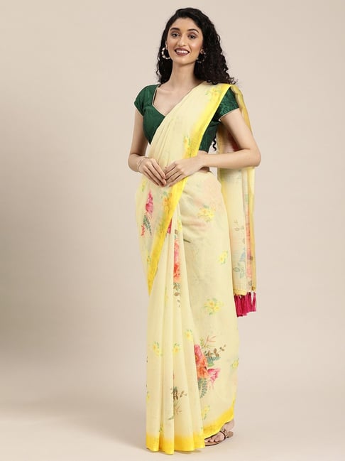 Vastranand Yellow Floral Print Saree With Unstitched Blouse Price in India