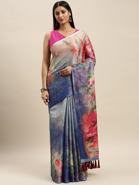 Vastranand Blue Floral Print Saree With Unstitched Blouse Price in India