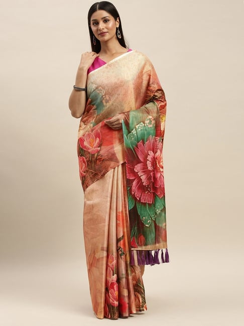 Vastranand Brown Floral Print Saree With Unstitched Blouse Price in India