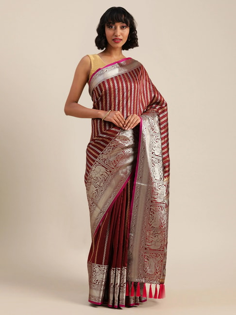 Vastranand Maroon Woven Saree With Unstitched Blouse Price in India