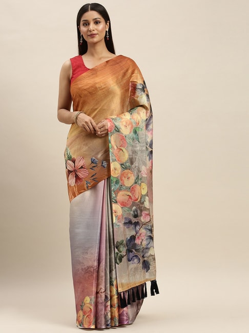 Vastranand Brown Floral Print Saree With Unstitched Blouse Price in India