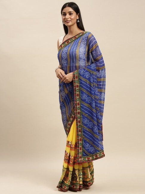 Vastranand Yellow & Blue Embellished Saree With Unstitched Blouse Price in India
