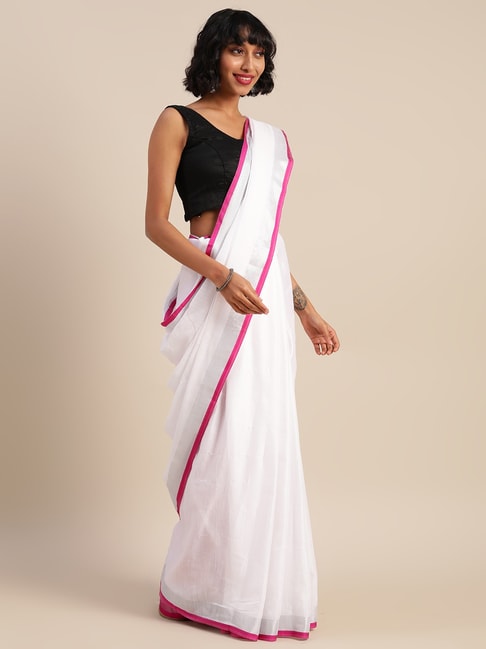 Vastranand White & Pink Linen Saree With Unstitched Blouse Price in India