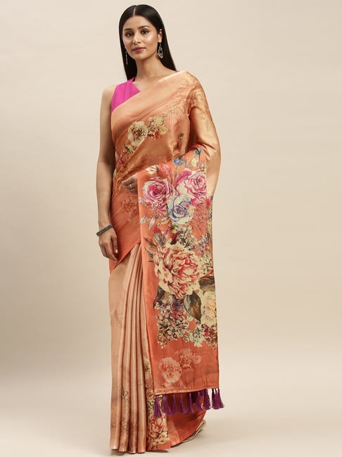 Vastranand Orange Floral Print Saree With Unstitched Blouse Price in India