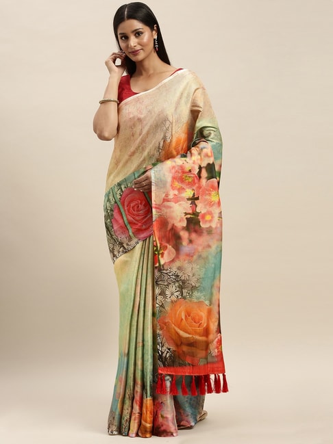 Vastranand Beige & Green Floral Print Saree With Unstitched Blouse Price in India