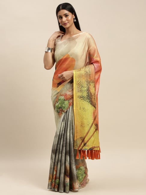 Vastranand Beige & Grey Printed Saree With Unstitched Blouse Price in India
