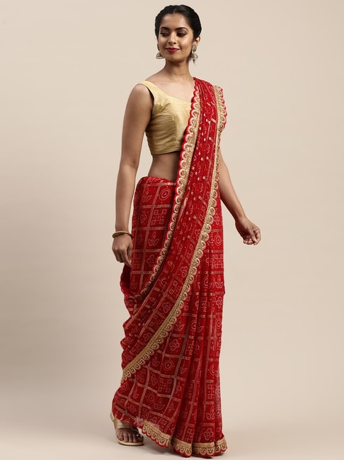 Vastranand Maroon Printed Saree With Unstitched Blouse Price in India