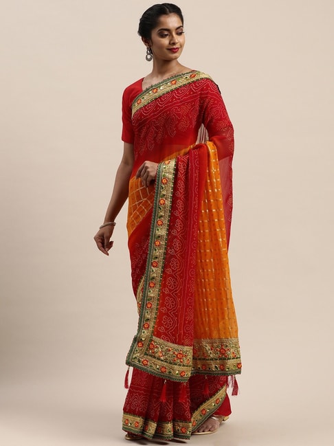 Vastranand Red & Yellow Printed Saree With Unstitched Blouse Price in India