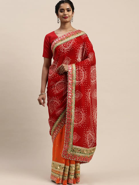 Vastranand Red Printed Saree With Unstitched Blouse Price in India