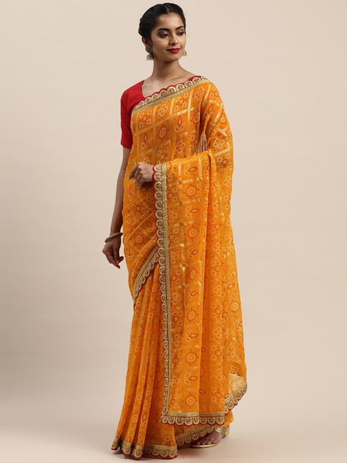 Vastranand Mustard Printed Saree With Unstitched Blouse Price in India