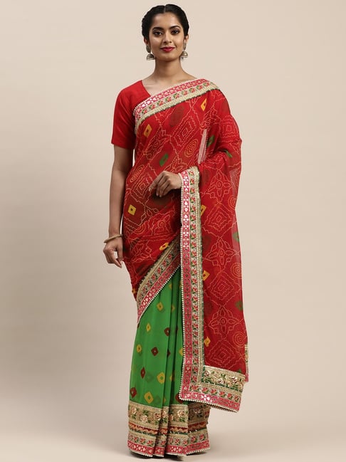 Vastranand Red & Green Printed Saree With Unstitched Blouse Price in India