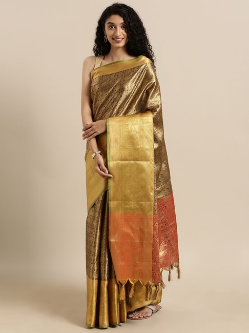 Vastranand Golden Woven Saree With Unstitched Blouse Price in India
