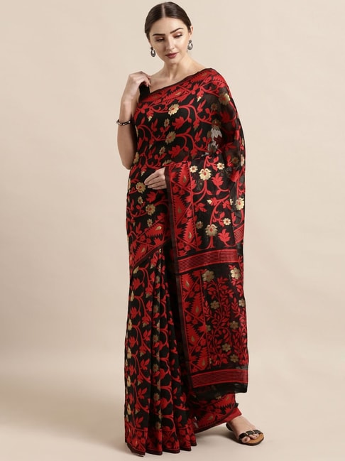 Vastranand Black & Red Woven Saree With Unstitched Blouse Price in India
