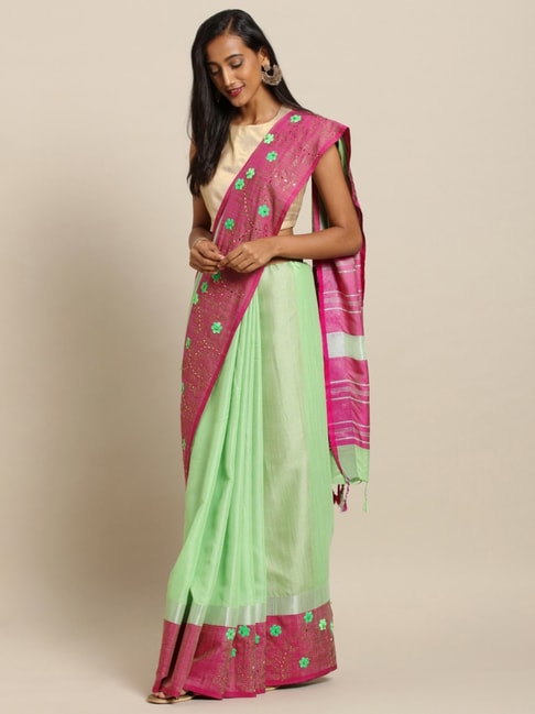 Vastranand Green & Pink Saree With Unstitched Blouse Price in India