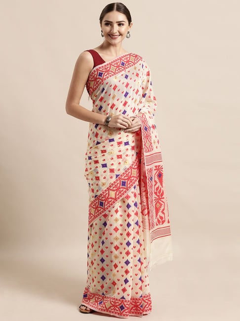 Vastranand Cream & Red Woven Saree With Unstitched Blouse Price in India