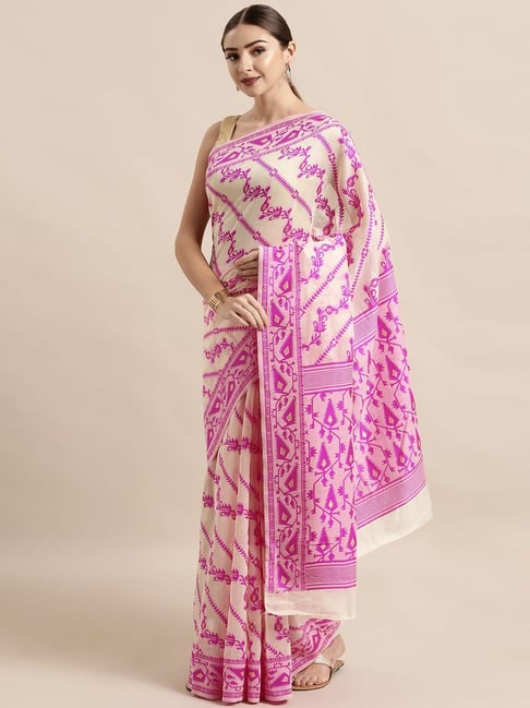 Vastranand Cream & Pink Woven Saree With Unstitched Blouse Price in India