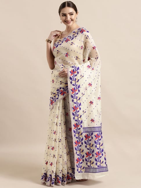 Vastranand Cream & Blue Woven Saree With Unstitched Blouse Price in India