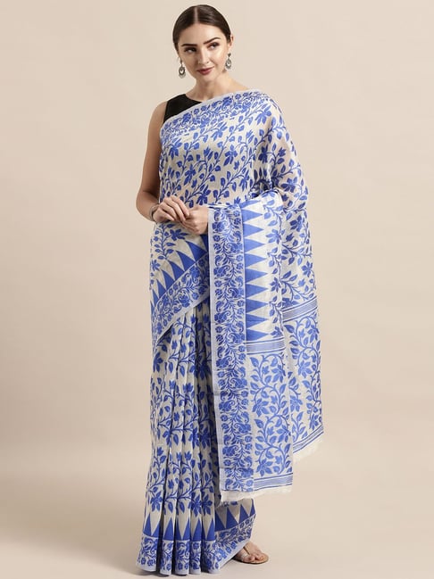 Vastranand Cream & Blue Woven Saree With Unstitched Blouse Price in India