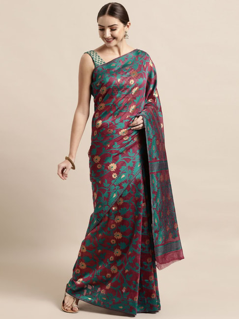 Vastranand Wine & Green Woven Saree With Unstitched Blouse Price in India