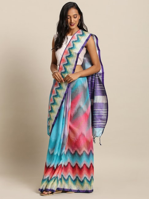 Vastranand Blue & Pink Printed Saree With Unstitched Blouse Price in India