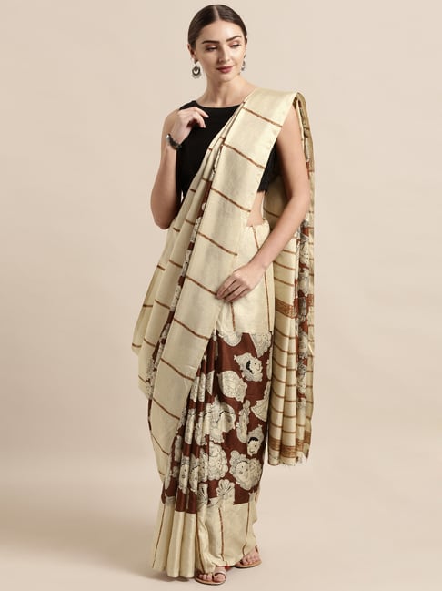 Vastranand Brown & Beige Printed Saree With Unstitched Blouse Price in India