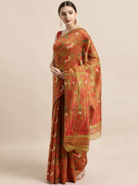 Vastranand Mustard & Red Woven Saree With Unstitched Blouse Price in India
