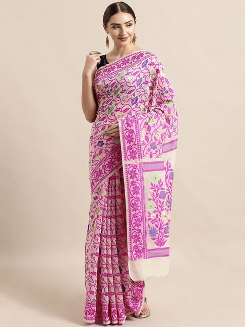 Vastranand Cream & Pink Woven Saree With Unstitched Blouse