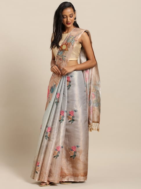 Vastranand Beige & Grey Floral Print Saree With Unstitched Blouse Price in India
