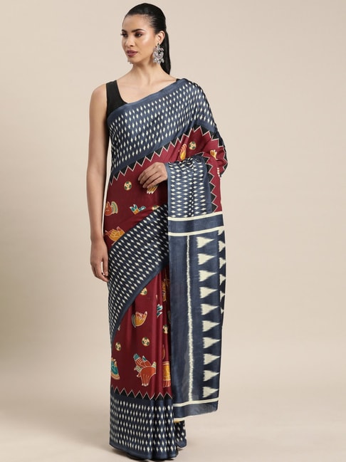 Vastranand Maroon & Grey Printed Saree With Unstitched Blouse Price in India