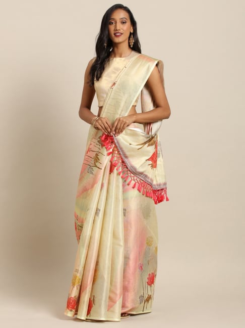Vastranand Yellow Floral Print Saree With Unstitched Blouse Price in India