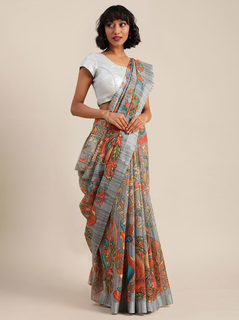 Vastranand Grey Linen Printed Saree With Unstitched Blouse Price in India