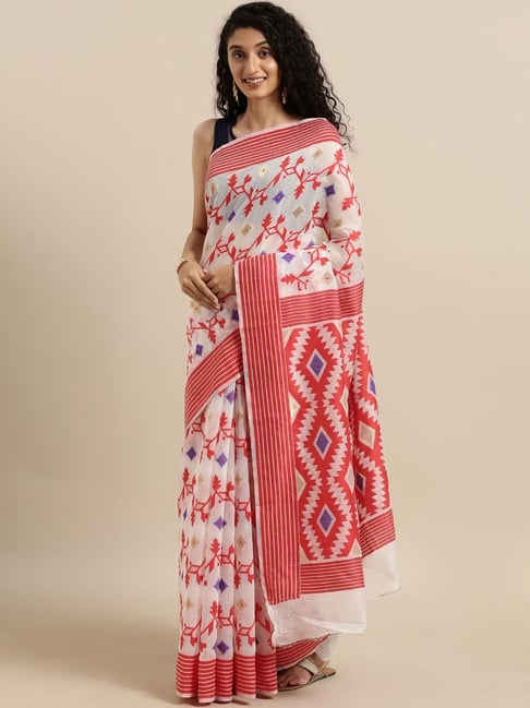Vastranand White & Red Woven Saree With Unstitched Blouse Price in India