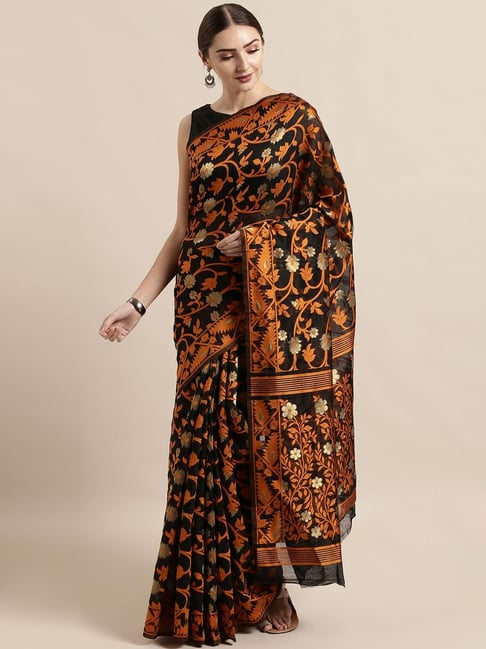 Vastranand Black & Mustard Woven Saree With Unstitched Blouse Price in India