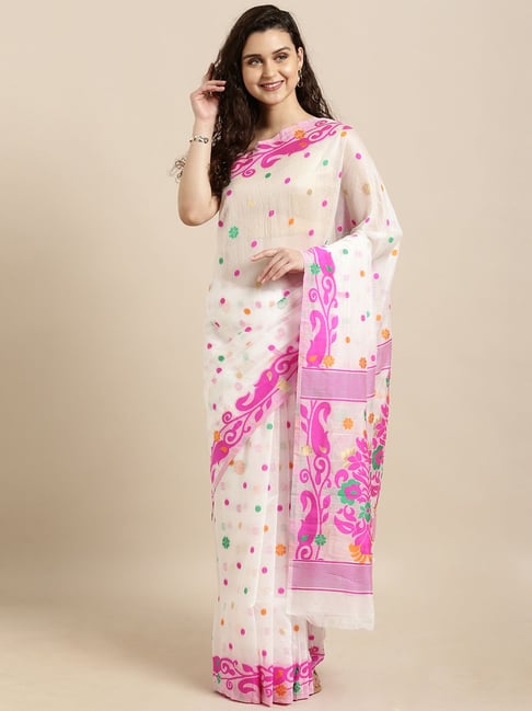 Vastranand White & Pink Woven Saree With Unstitched Blouse Price in India