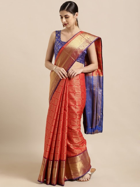 Vastranand Red Woven Saree With Unstitched Blouse Price in India