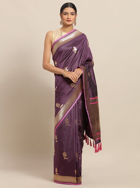 Vastranand Wine Woven Saree With Unstitched Blouse Price in India