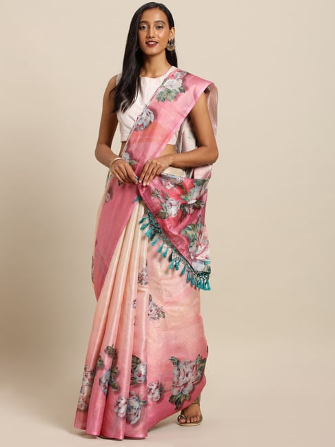 Vastranand Pink Floral Print Saree With Unstitched Blouse Price in India