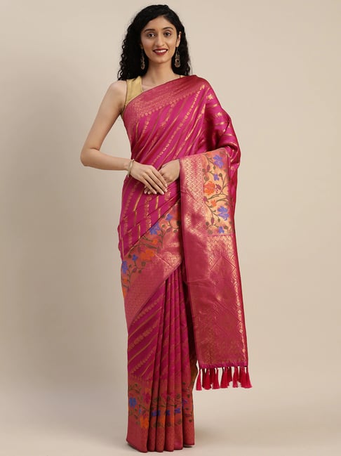 Vastranand Pink Zari Work Saree With Unstitched Blouse Price in India