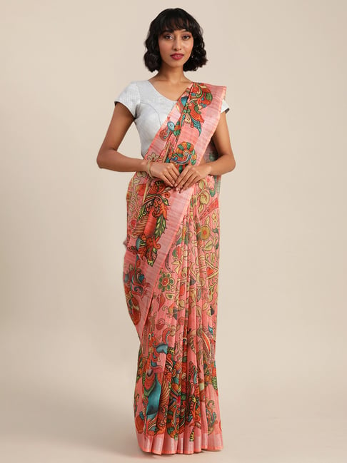 Vastranand Pink Linen Printed Saree With Unstitched Blouse Price in India