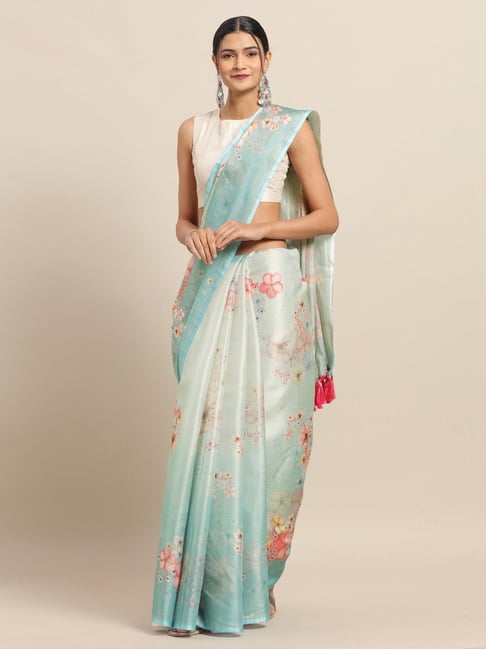 Vastranand Blue Floral Print Saree With Unstitched Blouse Price in India