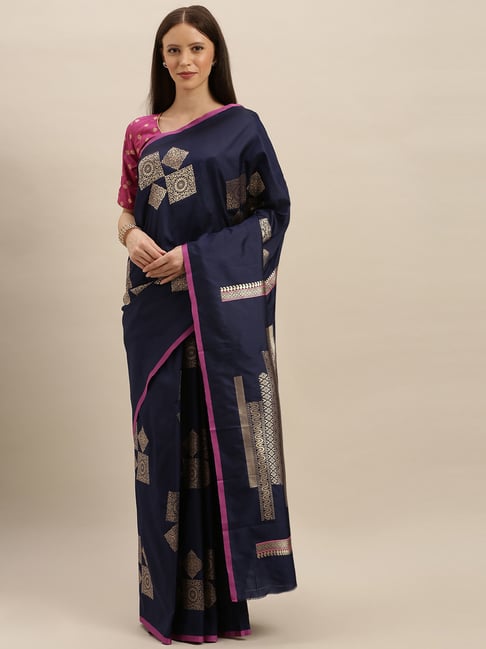Vastranand Navy Woven Saree With Unstitched Blouse Price in India