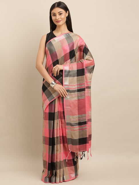 Vastranand Pink & Black Chaquered Saree With Unstitched Blouse Price in India