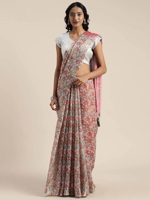 Vastranand Sky Blue Linen Floral Print Saree With Unstitched Blouse Price in India