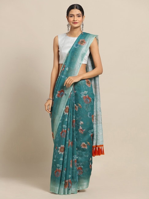 Vastranand Green Floral Print Saree With Unstitched Blouse Price in India