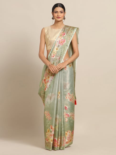 Vastranand Green Floral Print Saree With Unstitched Blouse Price in India