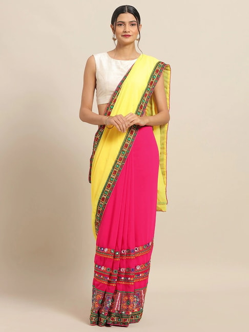 Vastranand Pink & Yellow Embroidered Saree With Unstitched Blouse Price in India
