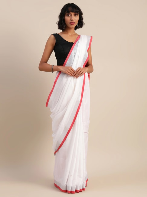 Vastranand White & Red Linen Saree With Unstitched Blouse Price in India